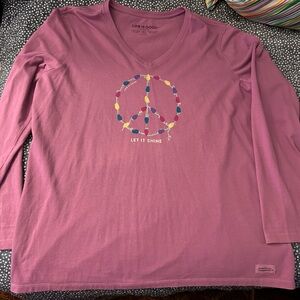 Life Is Good Pink V-Neck Tee with Colorful Light Bulb Graphic